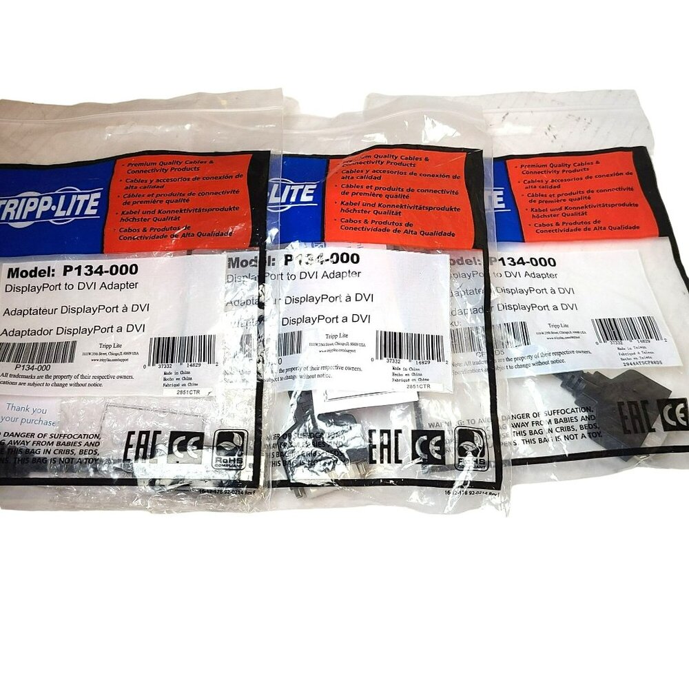 Lot (3) Tripp-Lite P134-000 DisplayPort Male to DVI Female Adapter Converter 6"